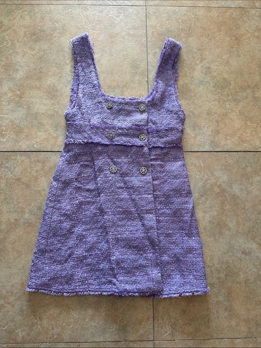 Girls' Purple Tweed Sleeveless Dress with Decorative Buttons